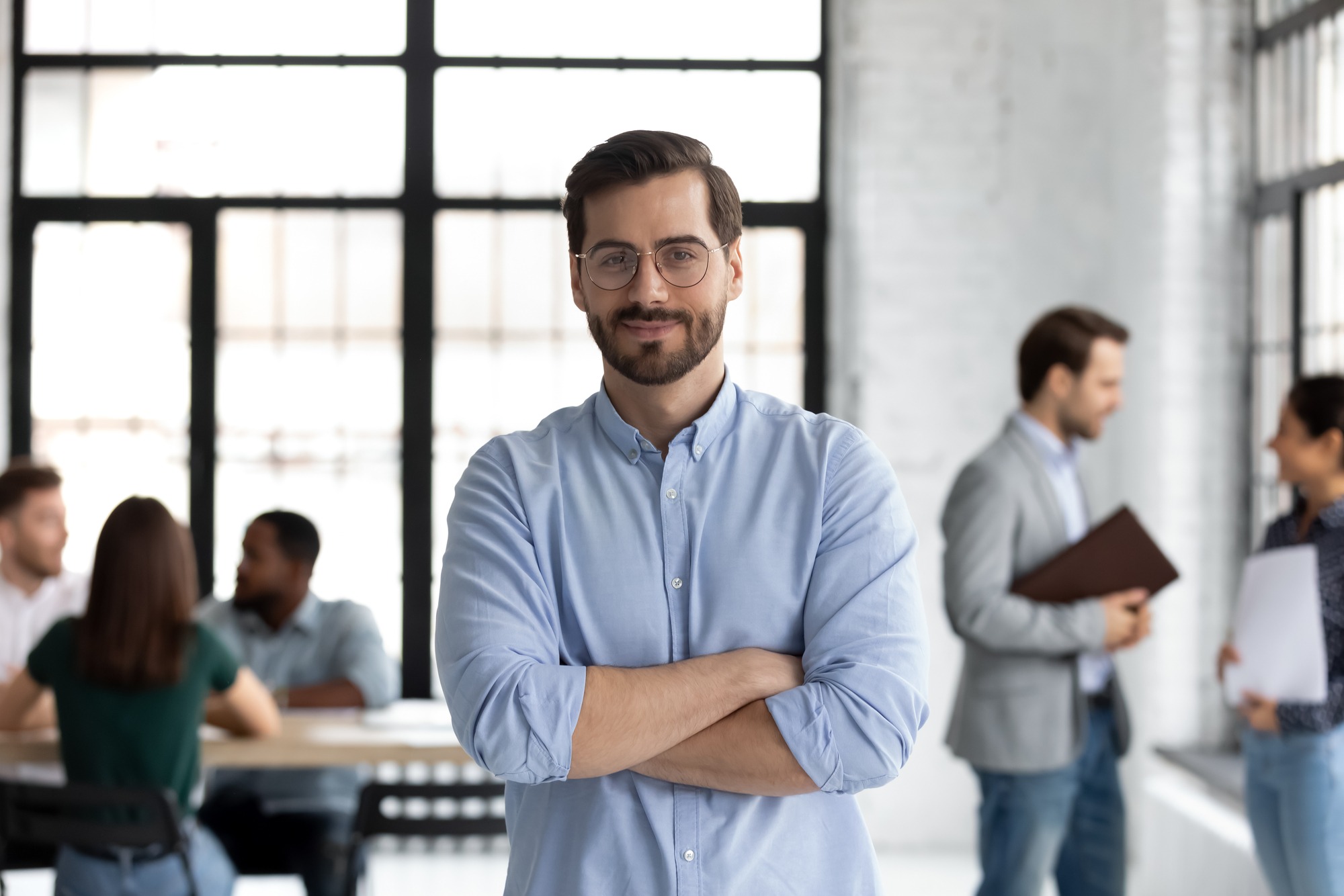 Head shot portrait smiling confident businessman